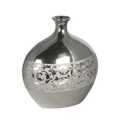 Srebrny wazon w okrągłym płaskim kształcie urozmaicony kwietnym zeszronionym motywem