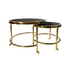 Zestaw stoliczków pomocniczych wykończonych w złocie z okrągłymi przyciemnianymi szklanymi blatami Galio 55/55/44 cm