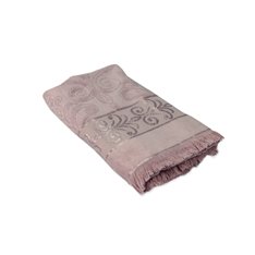 Ręcznik żakardowy w kolorze wrzosowym z ozdobnym strzępieniem na końcach 50x90