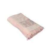 Ręcznik żakardowy w kolorze różowym z ozdobnym strzępieniem na końcach 30x50 cm
