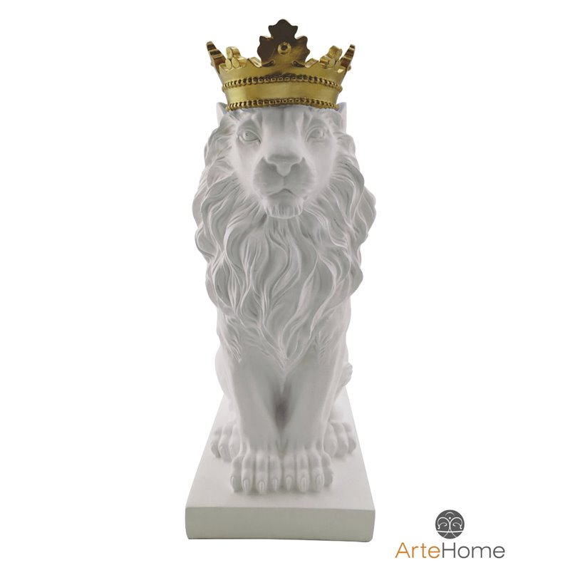 Figurka dekoracyjna dostojny lew w złotej koronie na niskim postumencie Lion Black / White