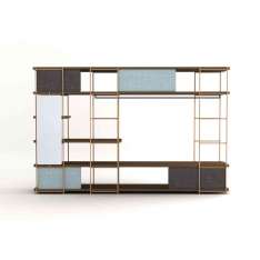 Momocca Modular dressing room by Julia Collection with black coat rack, fixed and sliding pannels, and mirror.