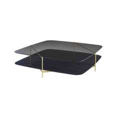 Ligne Roset Clyde | Low Table - Brass-Effect Steel Structure Upper Top In Grey Smoked Glass Lower Top In Black Marble-Effect Cer