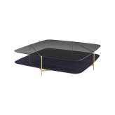 Ligne Roset Clyde | Low Table - Brass-Effect Steel Structure Upper Top In Grey Smoked Glass Lower Top In Black Marble-Effect Cer