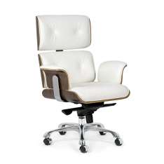 Fotel biurowy Lounge Business biały - sklejka orzech | skóra naturalna | stal polerowana