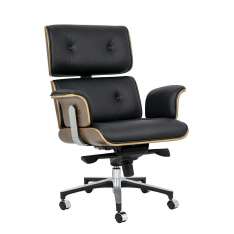 Fotel biurowy Lounge Business czarny - sklejka orzech | skóra naturalna | stal polerowana