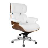 Fotel biurowy LOUNGE GUBERNATOR biały - sklejka orzech, skóra naturalna, stal polerowana