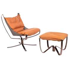 Fotel ARNI LOW z podnóżkiem pomarańczowy - ekoskóra, miedz